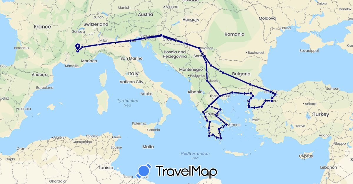 TravelMap itinerary: driving in Bulgaria, France, Greece, Croatia, Italy, Macedonia, Serbia, Turkey (Asia, Europe)